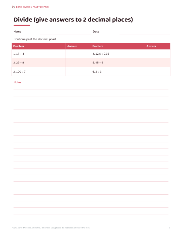 Preview of Printable Decimal Division Worksheet