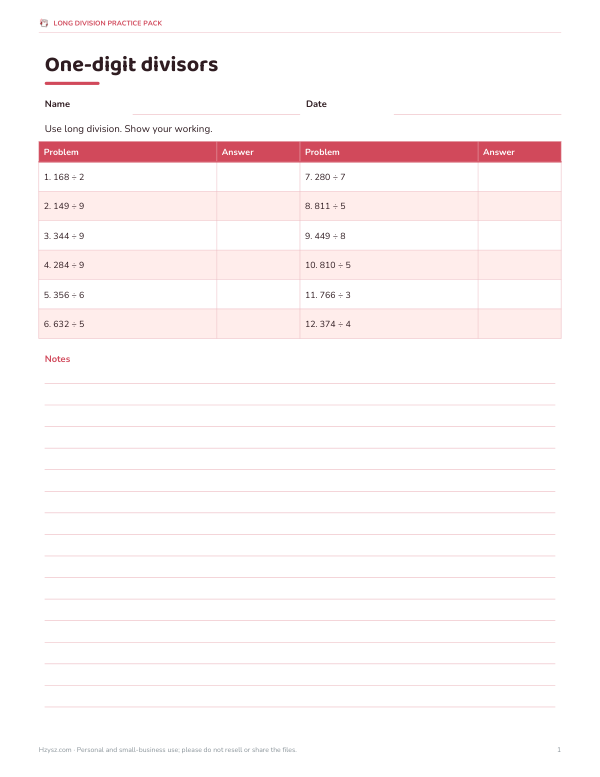 Preview of Printable One-Digit Divisors Practice Sheet