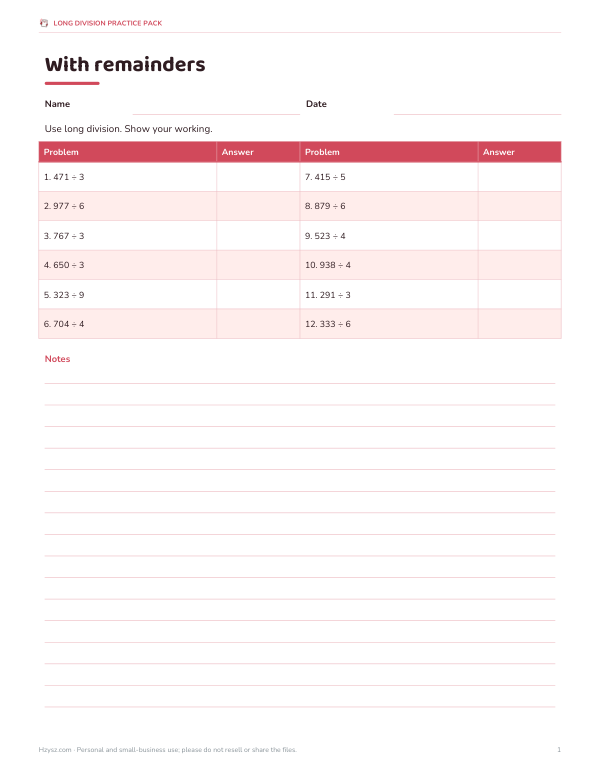 Preview of Printable Long Division With Remainders